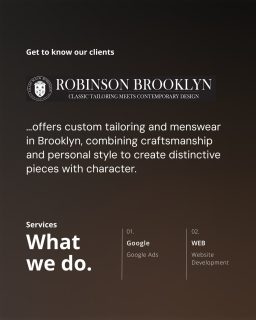 Great partnerships are built over time, and our work with Robinson Brooklyn is a perfect example. Since 2019, we’ve been thrilled to support their digital presence and help bring their distinctive approach to custom tailoring to a wider audience.

Over the years, we’ve partnered with them on:
🌐 Website development
📈 Google Ads
📣 Cross-channel advertising

We’re proud to continue supporting Robinson Brooklyn and their digital presence after all these years!
Discover their work at robinsonbrooklyn.com @robinsonbrooklyn 

#GramercyGlobal #tailoring #Menswear #DigitalMarketing