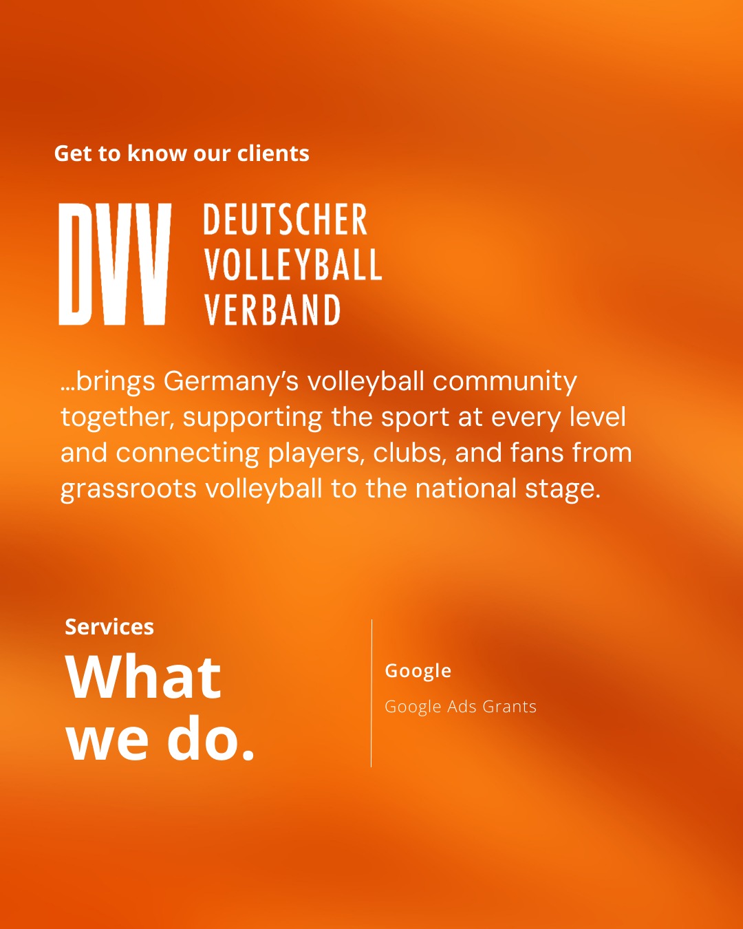 🏐 New partnership, same passion for sport.

For the past few months, we’ve been working closely with the German Volleyball Association to help them connect with more fans and strengthen their mission of growing volleyball in Germany… and beyond!

Our Gramercy team in Berlin is excited to manage the DVV Google Grant campaigns to help share the thrill of volleyball and boost awareness of big games and key events.

#GramercyGlobal #Volleyball #DigitalMarketing #DVV #TeamDeutschland